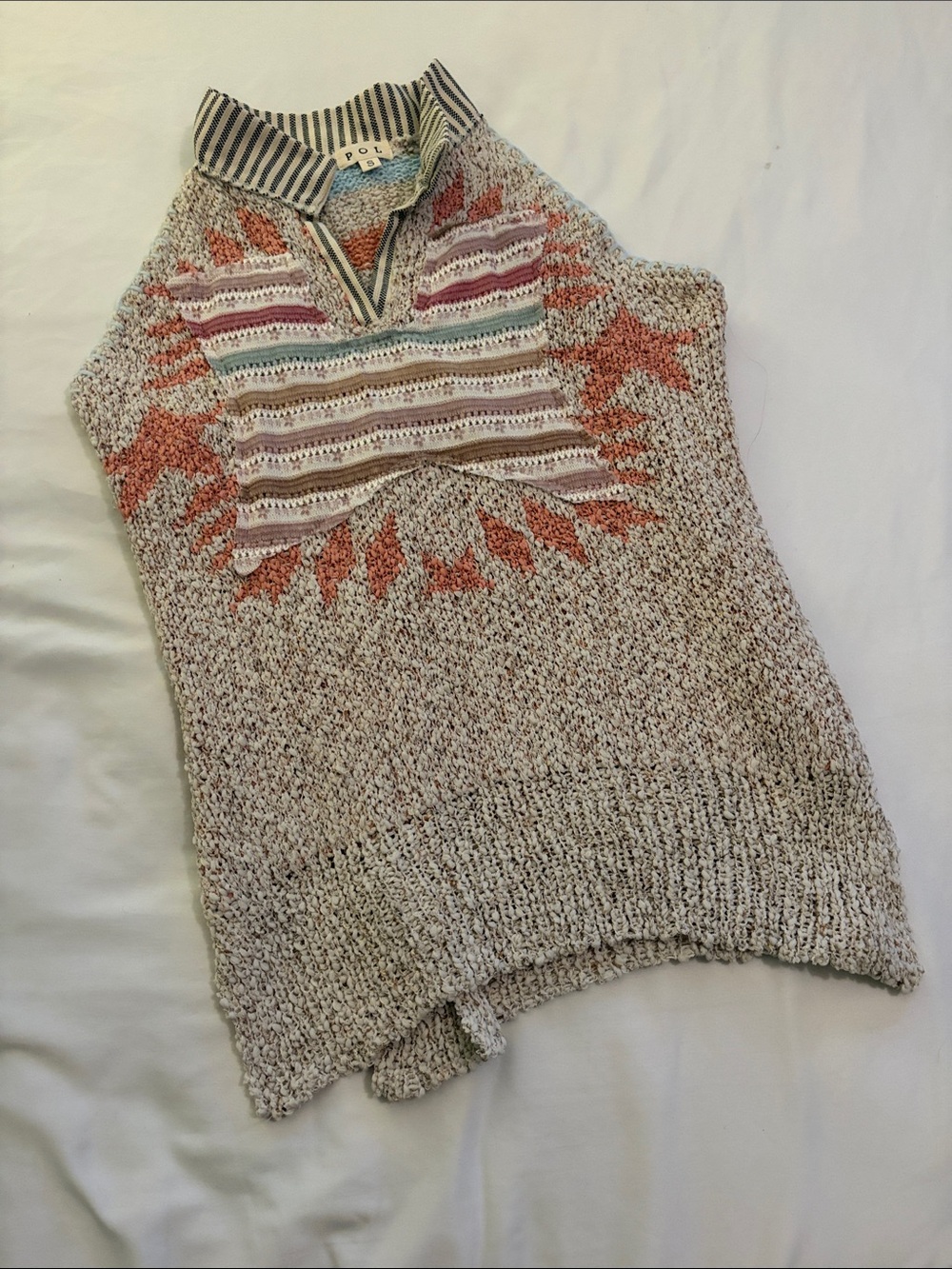 Striped Collar Knit Sweater Vest in Cream with Rust Accents